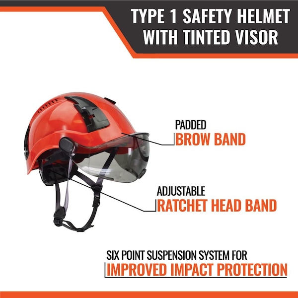 Malta Dynamics Safety Helmet w/Tinted Visor, Polyethylene, Ratchet, Red, Fits Hat Size One Size Fits Most - HTR1102