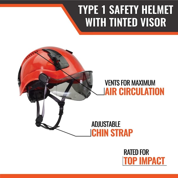 Malta Dynamics Safety Helmet w/Tinted Visor, Polyethylene, Ratchet, Red, Fits Hat Size One Size Fits Most - HTR1102