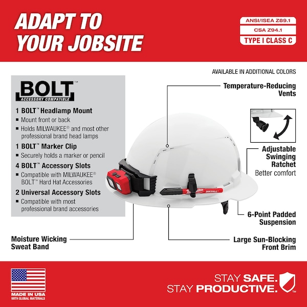 Milwaukee Tool BOLT White Full Brim Vented Hard Hat w/6pt Ratcheting Suspension - Type 1, Class C - 48-73-1221