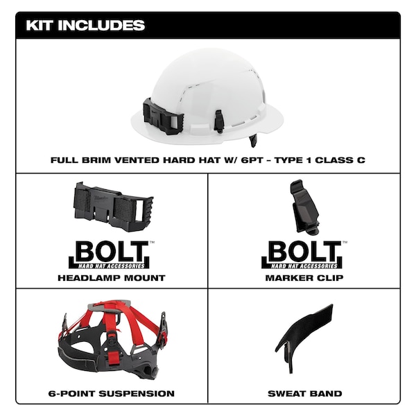 Milwaukee Tool BOLT White Full Brim Vented Hard Hat w/6pt Ratcheting Suspension - Type 1, Class C - 48-73-1221