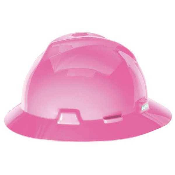 Msa Safety V-Gard Full Brim Hard Hat, Slotted, Type 1, Class E, Fas-Trac Ratchet Suspension, Hot Pink - 10156373