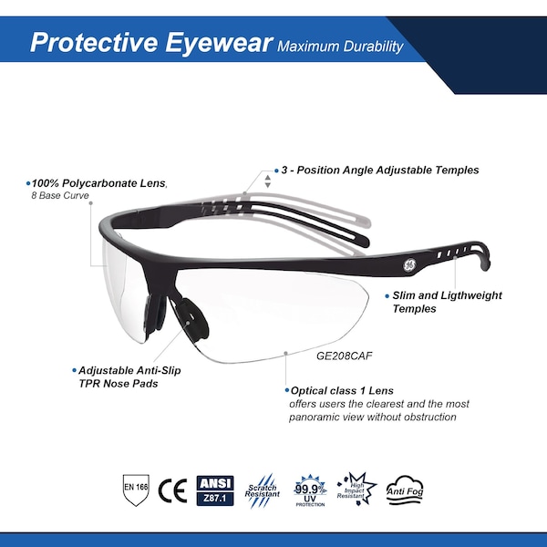 Ge Safety Glasses, Clear Anti-Fog &  Anti-Scratch Lens, Polycarbonate, Black/Blue - GE208CAF