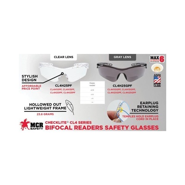 Mcr Safety Checklite CL4, Safety Glasses Anti-Fog &  Anti-Scratch, Clear Lens, Half-Frame - CL4H25PF