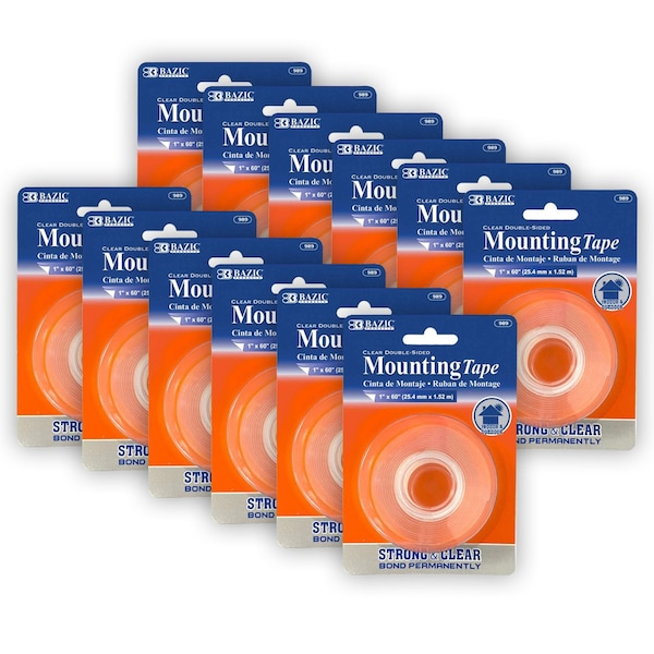 Cinta de montaje transparente de doble cara Bazic Products, 1 pulgada x 60 pulgadas, paquete de 12 unidades - 989