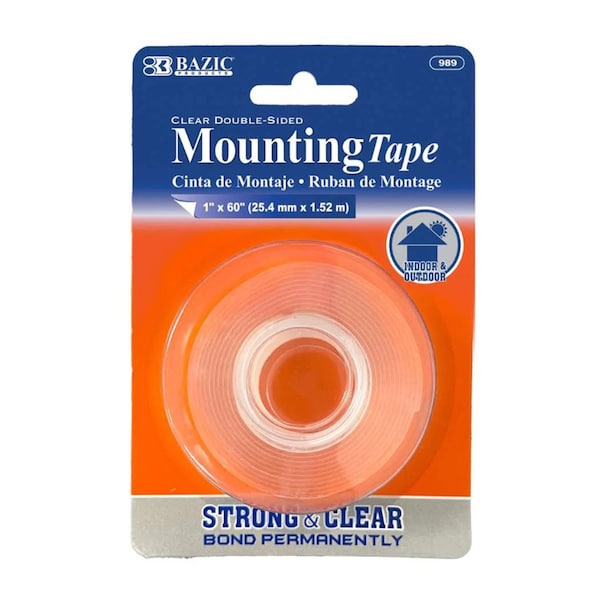 Cinta de montaje transparente de doble cara Bazic Products, 1 pulgada x 60 pulgadas, paquete de 12 unidades - 989
