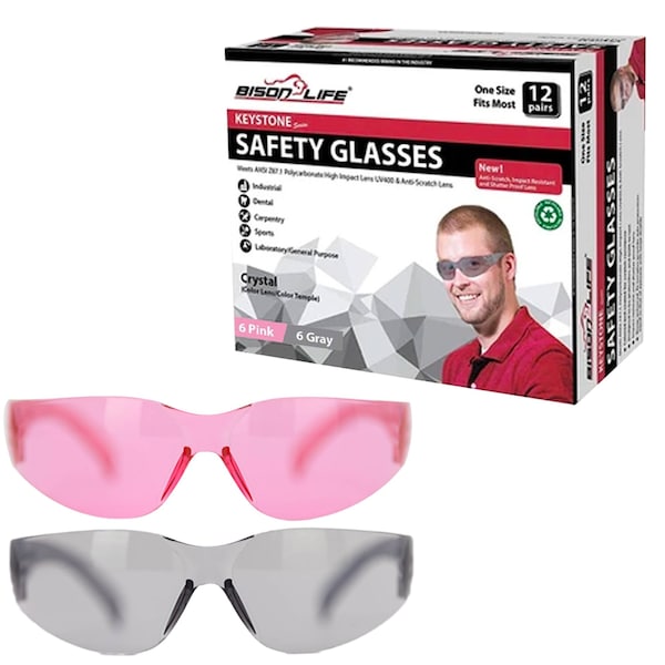 Bison Life Keystone, Safety Glasses Anti-Scratch, Pink & Gray Lens, 12 PK - BL-KSSG1-CLCT-PGY-12
