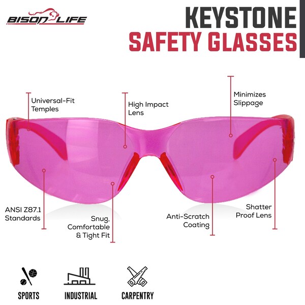 Bison Life Keystone, Safety Glasses Anti-Scratch, Pink & Gray Lens, 12 PK - BL-KSSG1-CLCT-PGY-12
