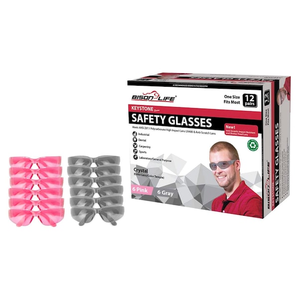 Bison Life Keystone, Safety Glasses Anti-Scratch, Pink & Gray Lens, 12 PK - BL-KSSG1-CLCT-PGY-12