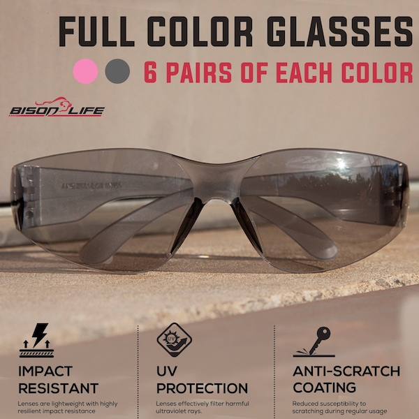 Bison Life Keystone, Safety Glasses Anti-Scratch, Pink & Gray Lens, 12 PK - BL-KSSG1-CLCT-PGY-12