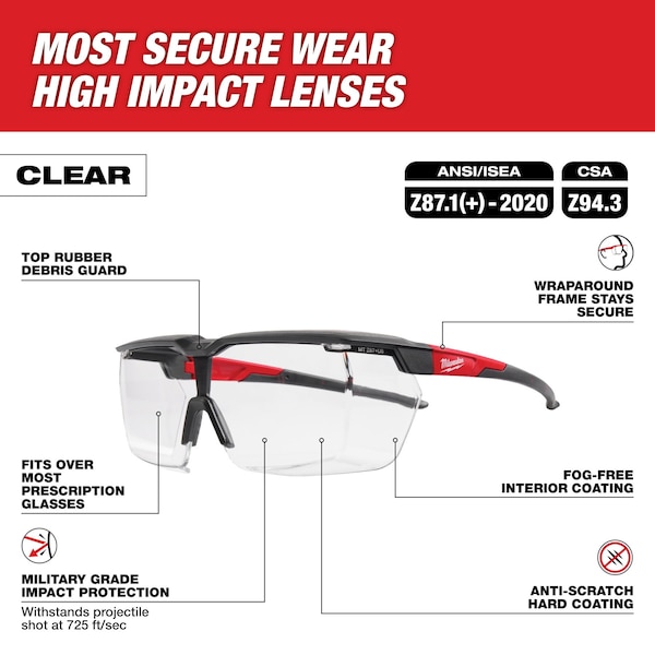 Milwaukee Tool Safety Glasses Anti-Fog &  Anti-Scratch, Clear Lens, Half-Frame, OTG-Wraparound - 48-73-2070