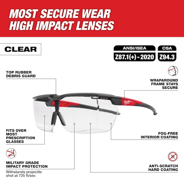 Milwaukee Tool Safety Glasses Anti-Fog &  Anti-Scratch, Clear Lens, Half-Frame, OTG-Wraparound - 48-73-2070