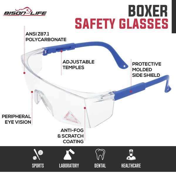 Bison Life Boxer, Safety Glasses Anti-Fog &  Anti-Scratch, Clear/Blue Lens - ZH-BXSG-CLLBLT-MS16-6