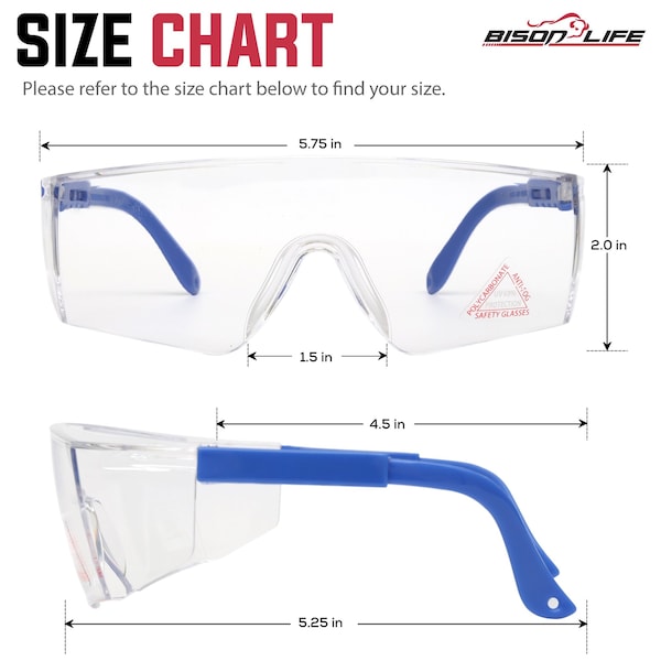 Bison Life Boxer, Safety Glasses Anti-Fog &  Anti-Scratch, Clear/Blue Lens - ZH-BXSG-CLLBLT-MS16-6