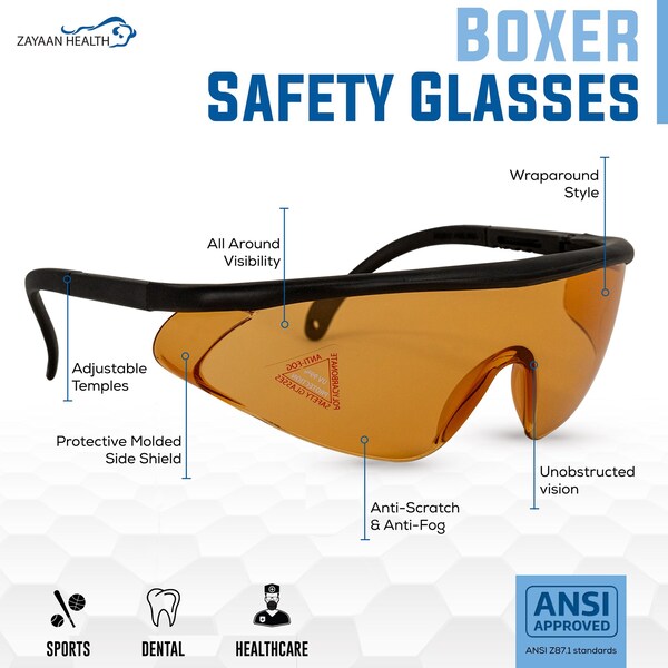Bison Life Simone, Safety Glasses Anti-Fog &  Anti-Scratch, Orange Lens - ZH-SISG-ORLBKT-MS20