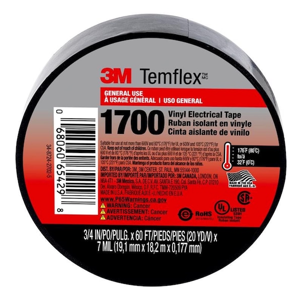 Cinta eléctrica de vinilo negro Scotch 3M Temflex de 3/4 pulgadas x 60 pies - 1700-1PK-BB40