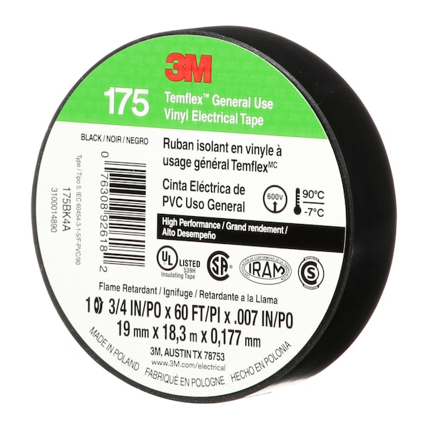 Cinta eléctrica de 3M, 60 pies de largo x 3/4 pulgadas de ancho, 7 mil, negro - 175BK4A