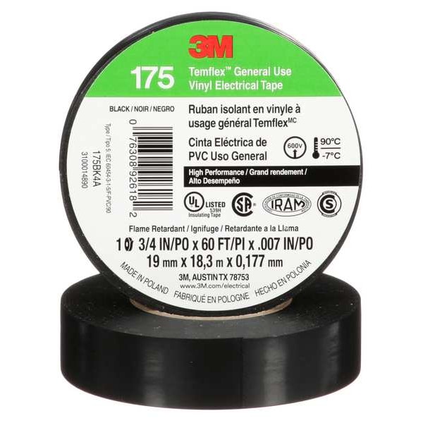 Cinta eléctrica de 3M, 60 pies de largo x 3/4 pulgadas de ancho, 7 mil, negro - 175BK4A