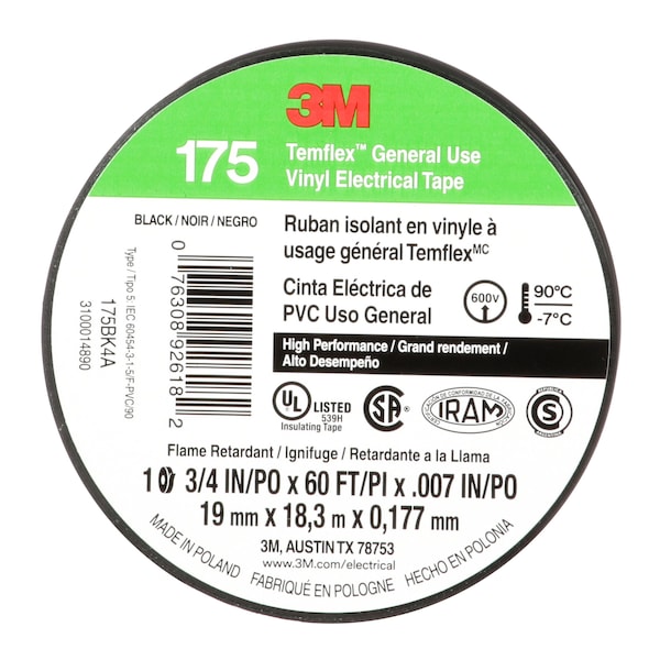 Cinta eléctrica de 3M, 60 pies de largo x 3/4 pulgadas de ancho, 7 mil, negro - 175BK4A
