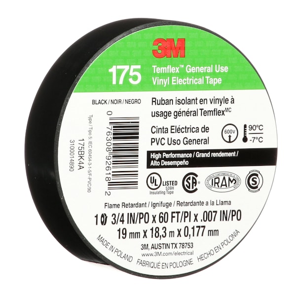 Cinta eléctrica de 3M, 60 pies de largo x 3/4 pulgadas de ancho, 7 mil, negro - 175BK4A