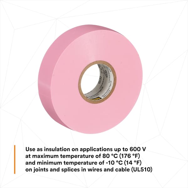 Cinta Eléctrica de Vinilo 3M, 35, Scotch, 3/4 pulg. de ancho x 66 pies de largo, 7 mil de grosor, Rosa, 1 paquete - 35-Rosa-3/4x66FT