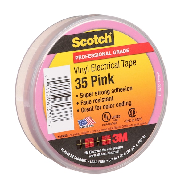 Cinta Eléctrica de Vinilo 3M, 35, Scotch, 3/4 pulg. de ancho x 66 pies de largo, 7 mil de grosor, Rosa, 1 paquete - 35-Rosa-3/4x66FT
