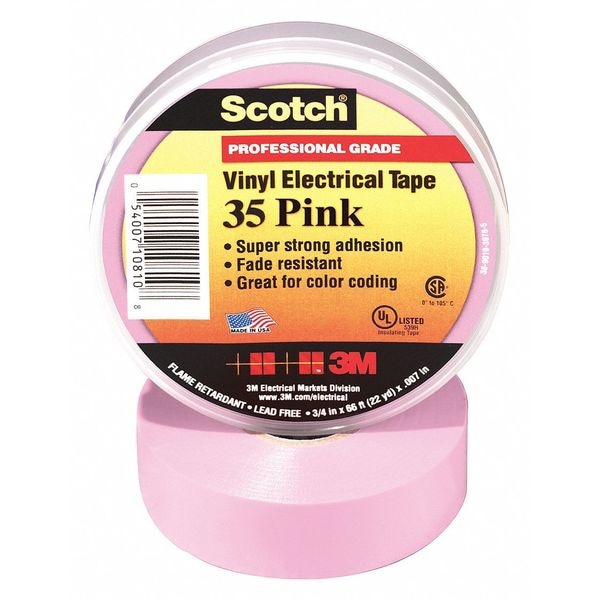 Cinta Eléctrica de Vinilo 3M, 35, Scotch, 3/4 pulg. de ancho x 66 pies de largo, 7 mil de grosor, Rosa, 1 paquete - 35-Rosa-3/4x66FT