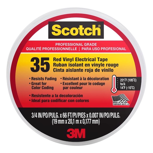 Cinta aislante eléctrica de vinilo rojo Scotch 3M de 3/4 de pulgada x 66 pies - 10810-DL-2W