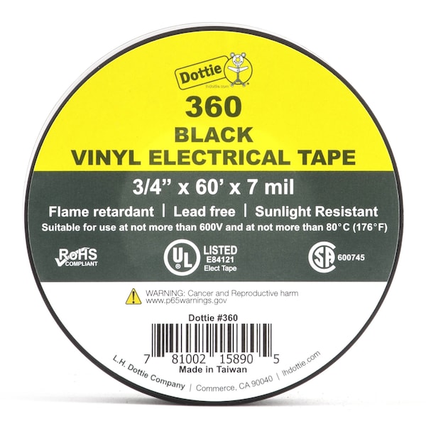 L.H. Dottie Cinta Eléctrica Negra de 3/4'' x 60', Paquete de 10 - 360