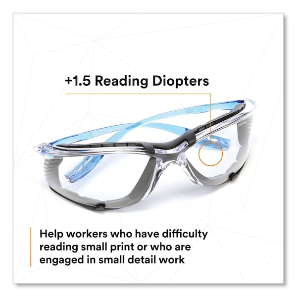 3M CCS Protective Eyewear w/ Foam Gasket, +1.5 Diopter Strength, Blue Plastic Frame, Clear PC Lens - 7100046796