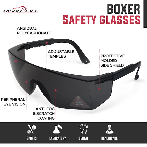 Bison Life Boxer Black Temples, Safety Glasses Anti-Fog &  Anti-Scratch, Black Lens - ZH-BXSG-BKLBKT-MS16