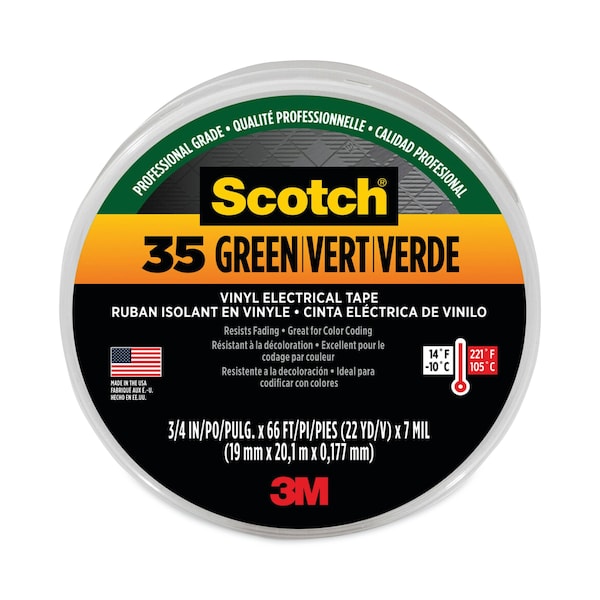 Cinta adhesiva de vinilo eléctrico para codificación de colores, núcleo de 3", 0.75"x66 ft., Verde - 10851-DL-10