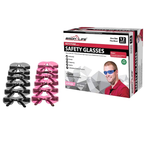 Bison Life Keystone, Safety Glasses Anti-Scratch, Pink & Gray Lens, 12 PK - BL-KSSG1-CLBT-PGY-12