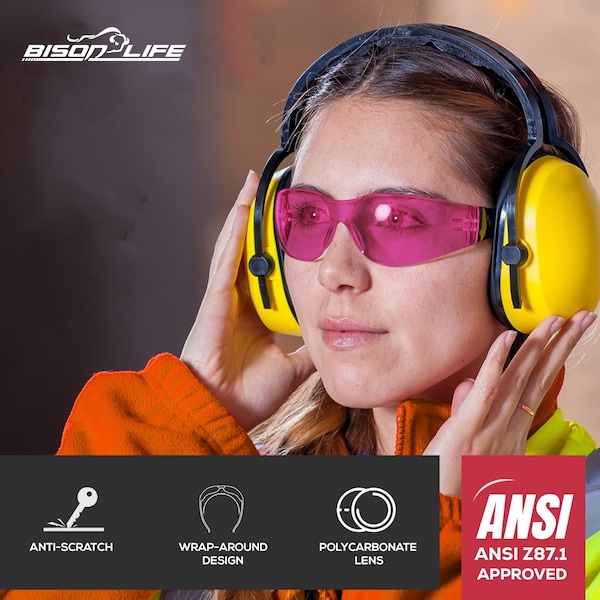 Bison Life Keystone, Safety Glasses Anti-Scratch, Pink & Gray Lens, 12 PK - BL-KSSG1-CLBT-PGY-12