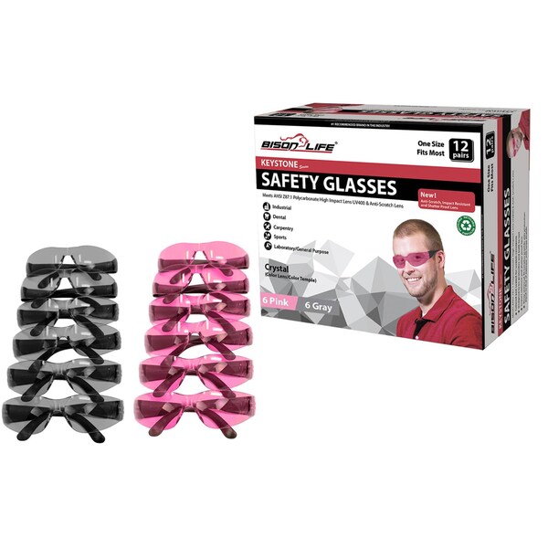 Bison Life Keystone, Safety Glasses Anti-Scratch, Pink & Gray Lens, 12 PK - BL-KSSG1-CLBT-PGY-12