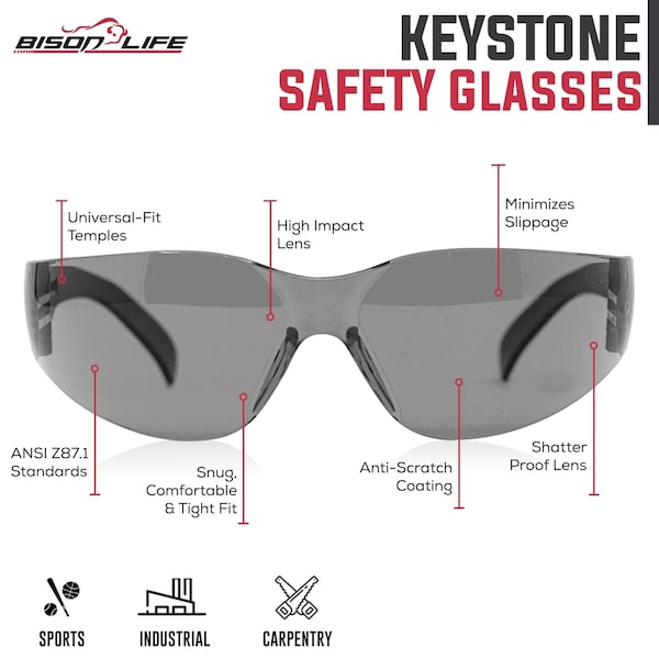 Bison Life Keystone, Safety Glasses Anti-Scratch, Pink & Gray Lens, 12 PK - BL-KSSG1-CLBT-PGY-12