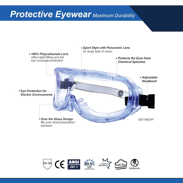 Ge Safety Googles, Anti-Fog, Adjustable Headband - GE148CAF
