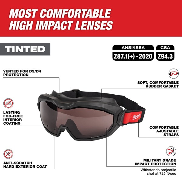 Milwaukee Tool Safety Goggles, Anti-Fog, Anti-Scratch, Black Lens, D3, D4 ANSI/Dust Splash Rating, Universal - 48-73-2063