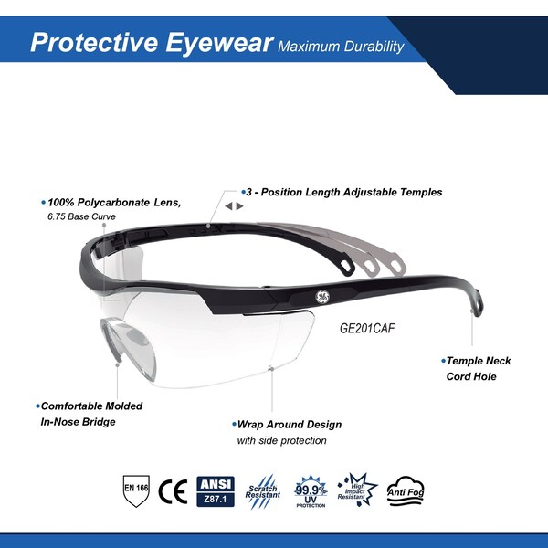 Ge Safety Glasses, Clear Anti-Fog &  Anti-Scratch Lens, Polycarbonate, Black - GE201CAF