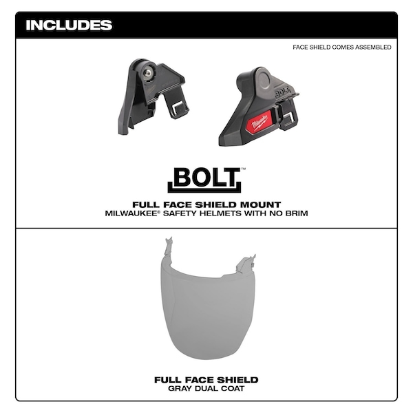 Milwaukee Tool BOLT Full Face Shield - Gray Dual Coat Lens (Compatible with Milwaukee Safety Helmet (No Brim)) - 48-73-1426