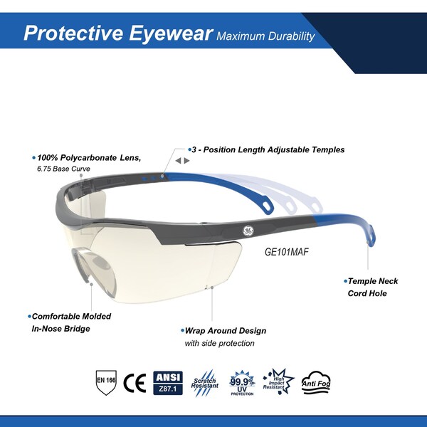 Ge Safety Glasses, Mirror, I/O Anti-Fog &  Anti-Scratch Lens, Polycarbonate, Gray/Blue - GE101MAF