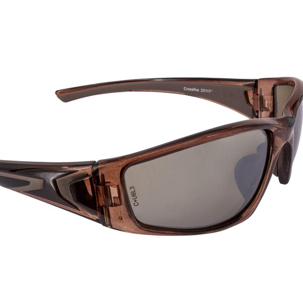 Crossfire Safety Glasses, Wraparound Brown Mirror Polycarbonate Lens, Scratch-Resistant,  - 23117