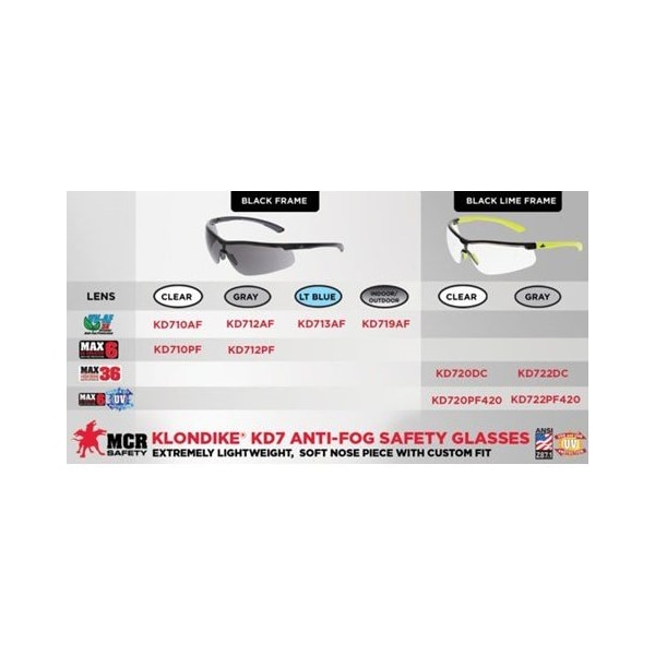 Mcr Safety Klondike KD7, Safety Glasses Anti-Fog, Light Blue Lens, Half-Frame, Wraparound - KD713AF