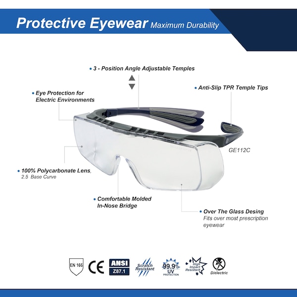 Ge Safety Glasses, Clear Anti-Scratch Lens, Polycarbonate, Gray/Blue - GE112C