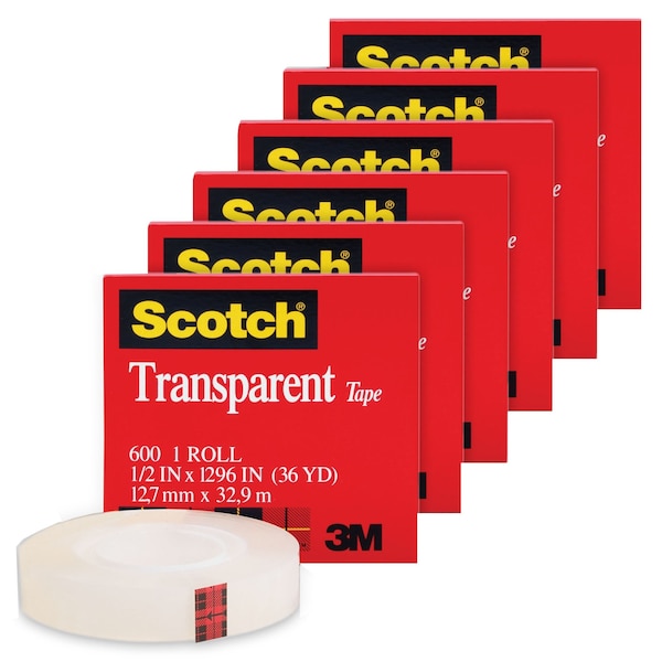 Rollo de cinta adhesiva transparente Scotch, 1/2 pulg. x 1296 pulg., paquete de 6 - 600