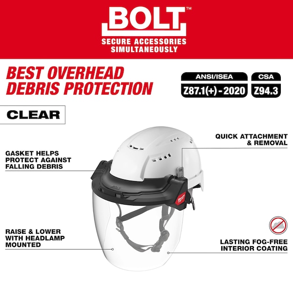 Milwaukee Tool Face Shield, Clear Visor, 7 3/4 in Height, Locking Detents Suspension - 48-73-1422