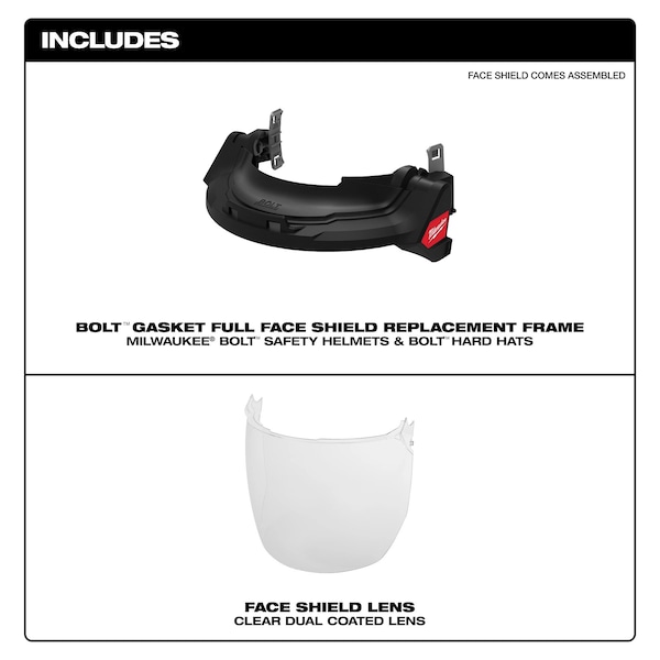 Milwaukee Tool Face Shield, Clear Visor, 7 3/4 in Height, Locking Detents Suspension - 48-73-1422