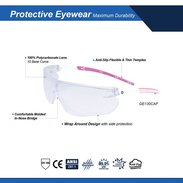 Ge Safety Glasses, Clear Anti-Fog Lens, White/Pink - GE130CAF