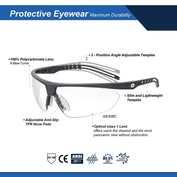 Ge Safety Glasses, Clear Anti-Scratch Lens, Polycarbonate, Gray - GE308C