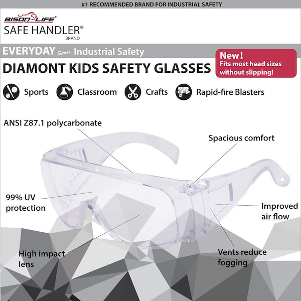 Bison Life Diamond, Kids Safety Glasses Anti-Scratch, Assorted Lens, OTG, 12 PK - SH-VOSGK-CLLCT-ES13-12