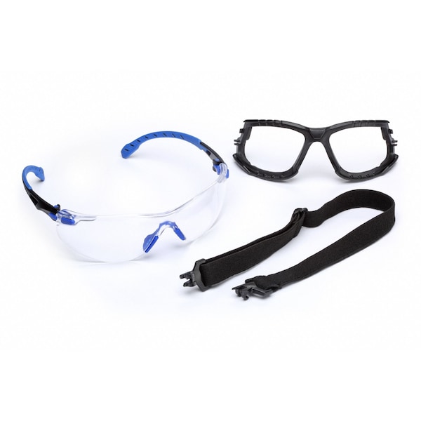 3M Safety Glasses Kit W/ Elastic Strap, Foam Gasket, Solus 1000, Anti-Fog, Black/Blue, Clear - S1101SGAF-KT